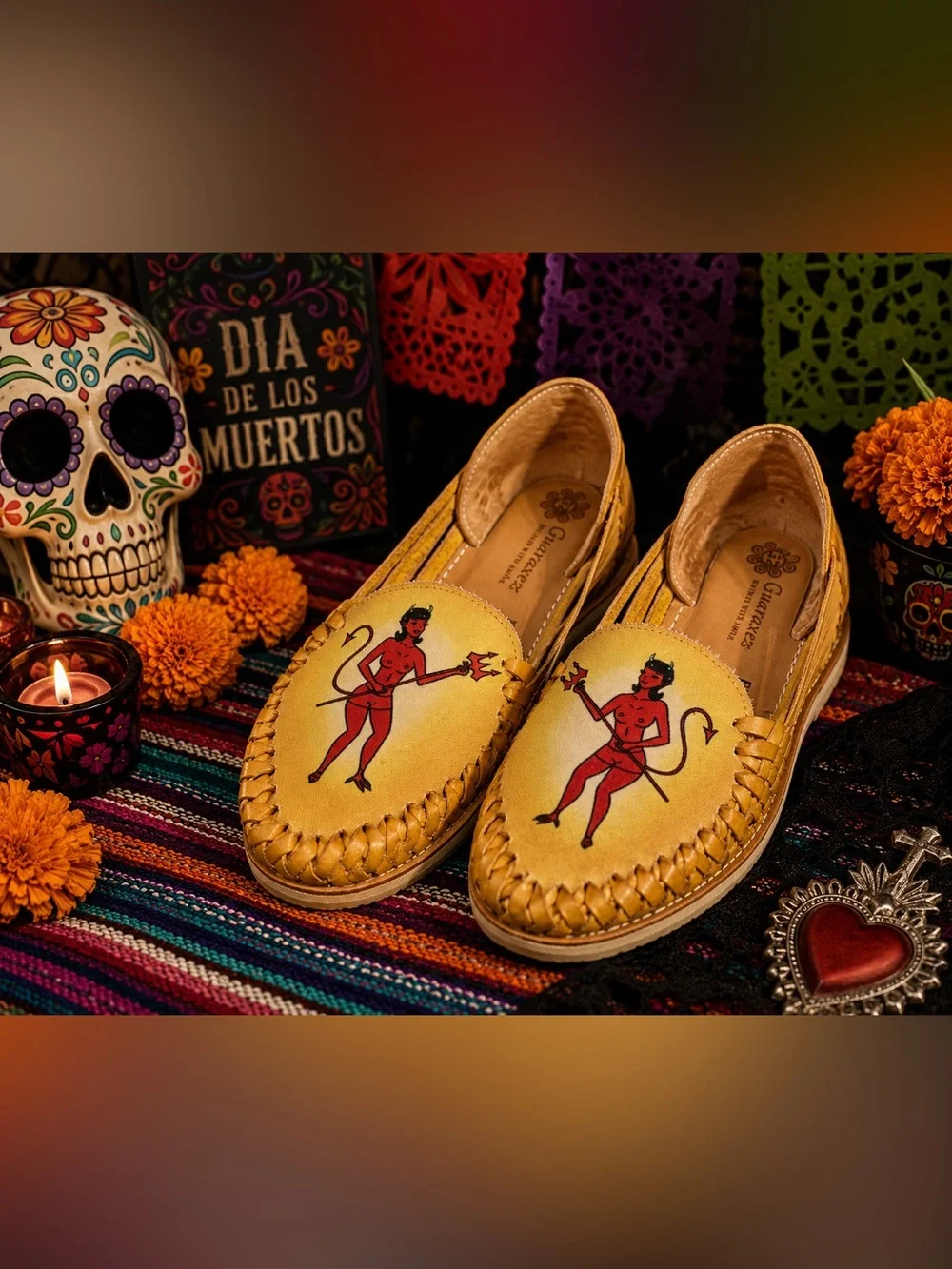 Rare Guaraxez El Corazon Devil Huarache Leather Shoes W10 Handmade Mexico